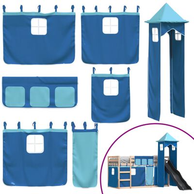 vidaXL Letto a Castello con Scivolo e Tende Blu 90x200 cm