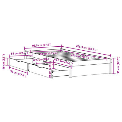 vidaXL Letto senza Materasso Bianco 90x200 cm Legno Massello di Pino