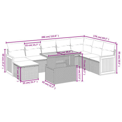 vidaXL Set Divano da Giardino 9 pz con Cuscini Grigio in Polyrattan