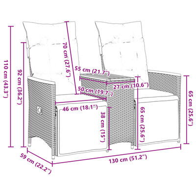 vidaXL Divano Giardino Reclinabile 2 Posti Tavolino Grigio Polyrattan