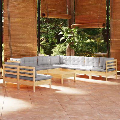 vidaXL Set Divani da Giardino 10 pz con Cuscini Grigi Massello di Pino