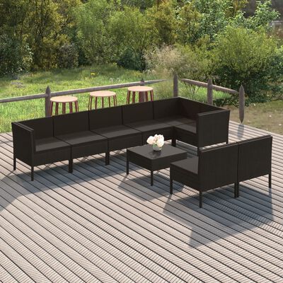 vidaXL Set Divani da Giardino 9 pz con Cuscini in Polyrattan Nero