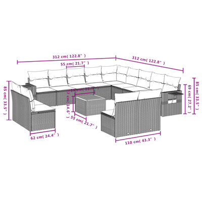 vidaXL Set Divani da Giardino 14pz con Cuscini in Polyrattan Beige