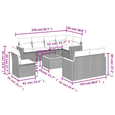 vidaXL Set Divani da Giardino 9 pz con Cuscini Nero in Polyrattan