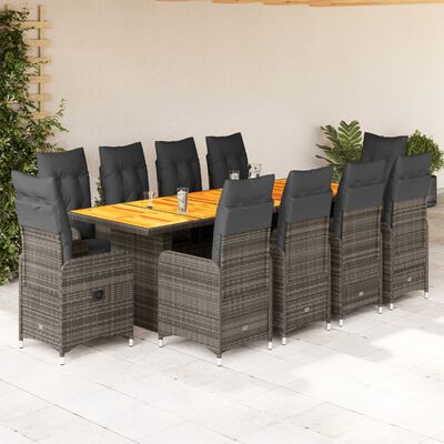 vidaXL Set Bistrò da Giardino 11 pz con Cuscini in Polyrattan Grigio