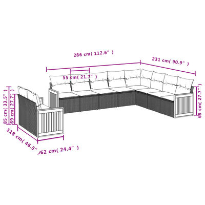 vidaXL Set Divani da Giardino 10pz con Cuscini in Polyrattan Nero