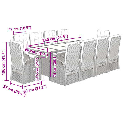 vidaXL Set da Pranzo da Giardino 9 pz con Cuscini Nero in Polyrattan