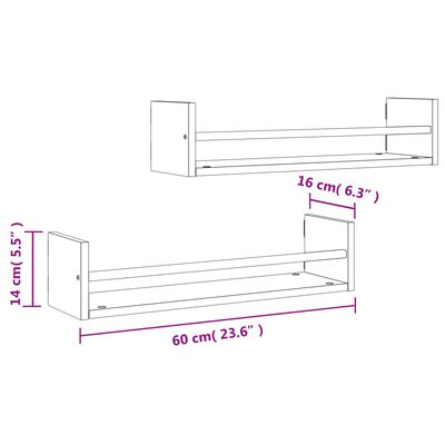 vidaXL Mensole a Parete con Aste 2pz Rovere Marrone 60x16x14 cm