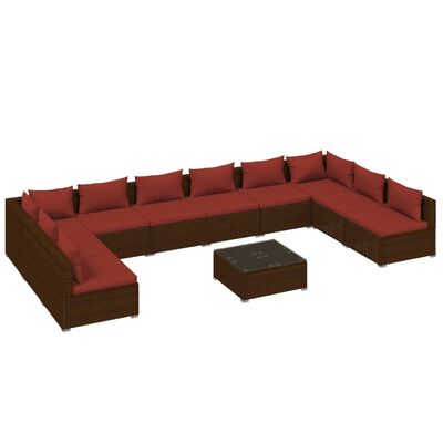 vidaXL Set Divani da Giardino 11 pz con Cuscini in Polyrattan Marrone