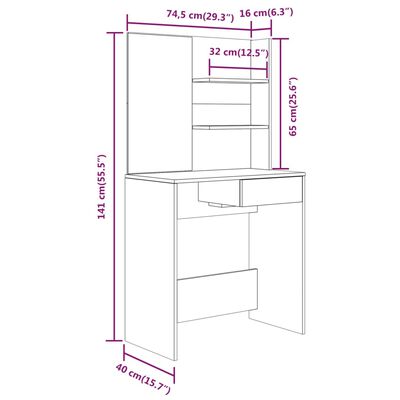 vidaXL Toeletta con Specchio Grigio Sonoma 74,5x40x141 cm