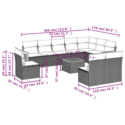 vidaXL Set Divani da Giardino 11 pz con Cuscini in Polyrattan Grigio