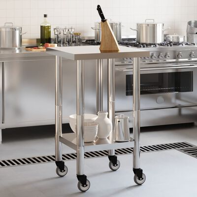 vidaXL Tavolo da Lavoro Cucina con Ruote 55x55x85 cm in Acciaio Inox