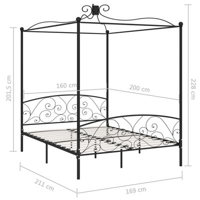 vidaXL Letto a Baldacchino Nero in Metallo 160x200 cm