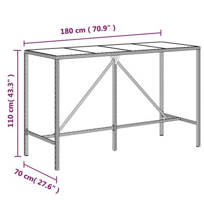 vidaXL Tavolo da Bar con Piano in Vetro Nero 180x70x110 cm Polyrattan