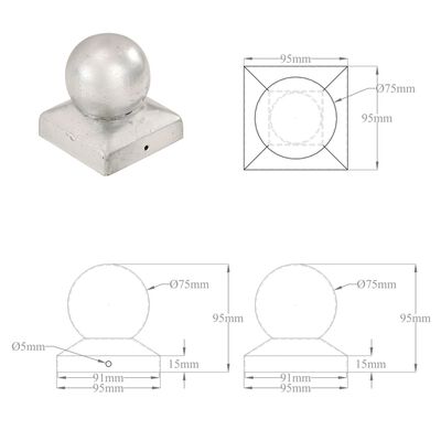 vidaXL Tappi per Pali 6 pz Estremità a Globo Metallo Zincato 91x91 mm