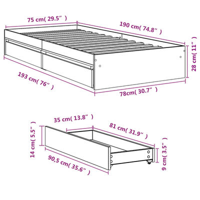 vidaXL Giroletto Cassetti Grigio Sonoma 75x190 cm Legno Multistrato