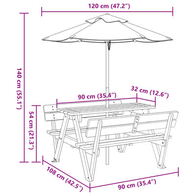 vidaXL Tavolo da Picnic per 4 Bambini con Ombrellone Legno di Abete