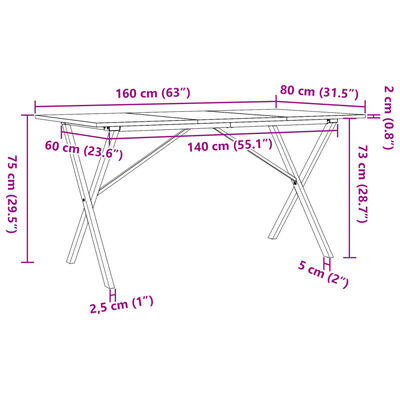 vidaXL Tavolo da Pranzo Telaio a X 160x80x75 cm Massello Pino e Ghisa