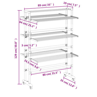 vidaXL Stendibiancheria con Ruote 89x64x129 cm in Alluminio