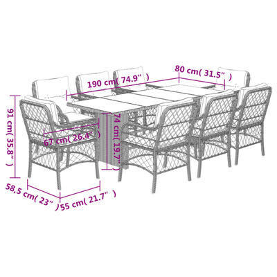 vidaXL Set Pranzo da Giardino 9 pz con Cuscini Beige Misto Polyrattan