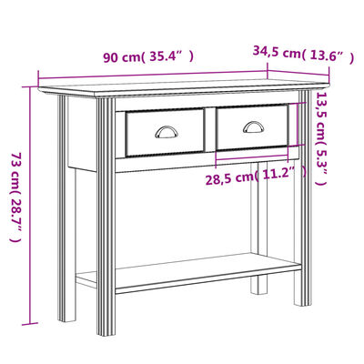 vidaXL Tavolo Consolle BODO 91x35x74 cm Legno Massello Pino Bianco