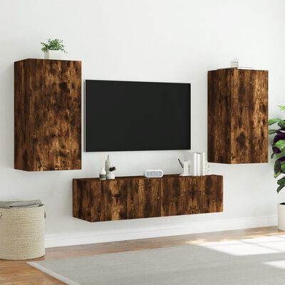 vidaXL Mobili TV a Muro con LED 4pz Rovere Fumo in Legno Multistrato