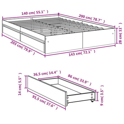 vidaXL Giroletto Cassetti Rovere Sonoma 140x200 cm Legno Multistrato