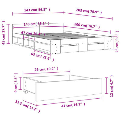 vidaXL Giroletto con Cassetti Rovere Fumo 140x200 cm Legno Multistrato