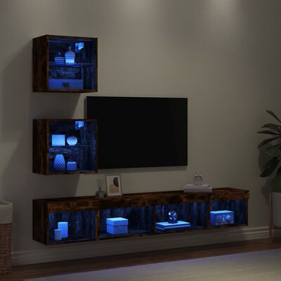 vidaXL Mobili TV a Muro con LED 5pz Rovere Fumo in Legno Multistrato