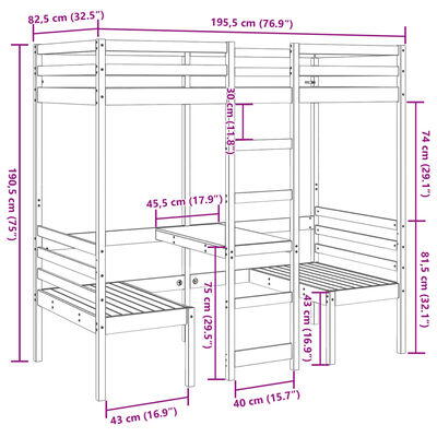 vidaXL Giroletto Soppalco con Scrivania e Sedie 75x190cm Legno Pino