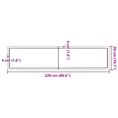 vidaXL Piano Bagno 220x50x(2-6) cm in Legno Massello Non Trattato