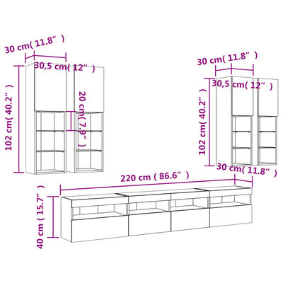 vidaXL Set Mobili TV a Muro 7 pz con Luci LED Rovere Sonoma