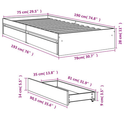 vidaXL Giroletto Cassetti Rovere Sonoma 75x190 cm Legno Multistrato