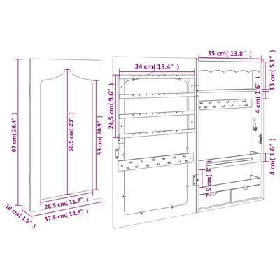 vidaXL Armadio Portagioie con Specchio a Muro 37,5x10x67 cm