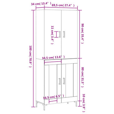 vidaXL Credenza Bianca 69,5x34x180 cm in Legno Multistrato