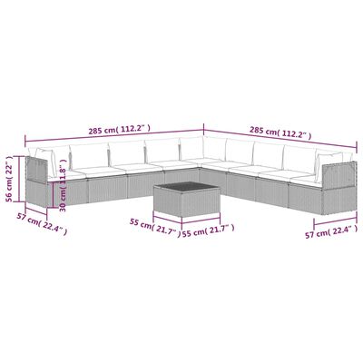 vidaXL Set Divani da Giardino 10 pz con Cuscini in Polyrattan Grigio