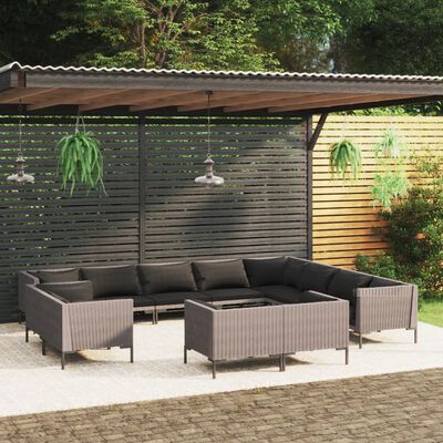 vidaXL Divani da Giardino 12 pz con Cuscini in Polyrattan Grigio Scuro