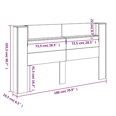 vidaXL Testiera con Contenitore a LED Nera 180x16,5x103,5 cm