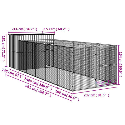 vidaXL Casetta Cani con Corsa Antracite 214x661x181 cm Acciaio Zincato