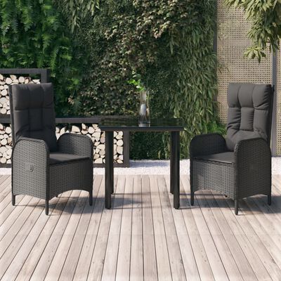 vidaXL Set da Pranzo da Giardino 3 pz con Cuscini Nero in Polyrattan