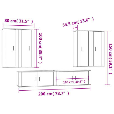 vidaXL Set di Mobili Porta TV 6 pz Rovere Fumo in Legno Multistrato