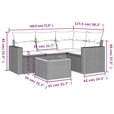 vidaXL Set Divani da Giardino 5 pz con Cuscini in Polyrattan Nero