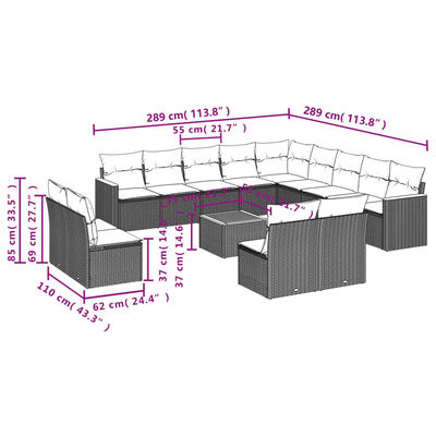 vidaXL Set Divani da Giardino 14pz con Cuscini in Polyrattan Beige