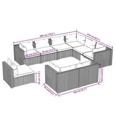 vidaXL Set Divani da Giardino 9 pz con Cuscini in Polyrattan Nero