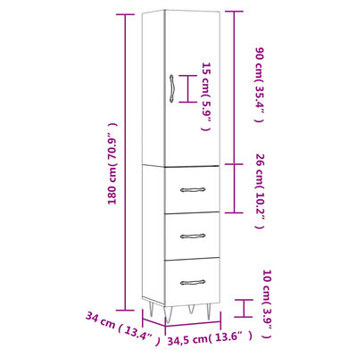 vidaXL Credenza Bianca 34,5x34x180 cm in Legno Multistrato