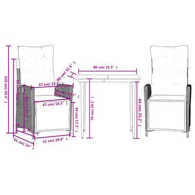 vidaXL Set da Pranzo da Giardino 3pz con Cuscini in Polyrattan Marrone