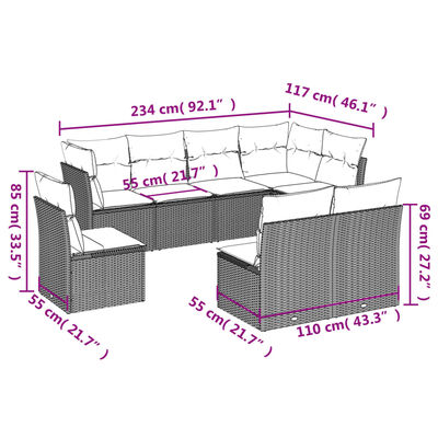 vidaXL Set Divani da Giardino con Cuscini 8 pz Nero in Polyrattan