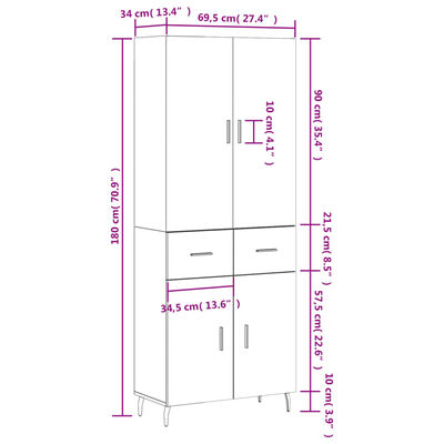 vidaXL Credenza Grigio Sonoma 69,5x34x180 cm in Legno Multistrato