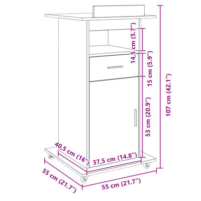 vidaXL Leggio con Ruote e Cassetto Rovere Fumo 55x55x107cm Multistrato