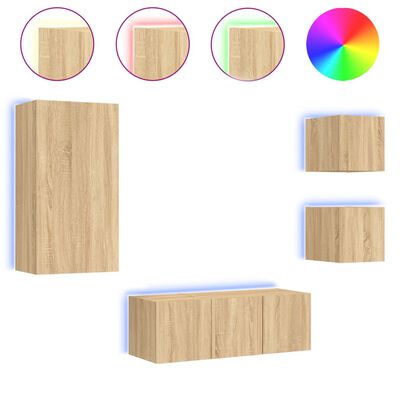 vidaXL Mobili TV a Muro con LED 5pz Rovere Sonoma Legno Multistrato